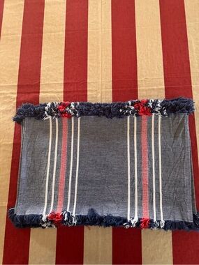 Striped Blue Fringe Placemat with Red and White Accents